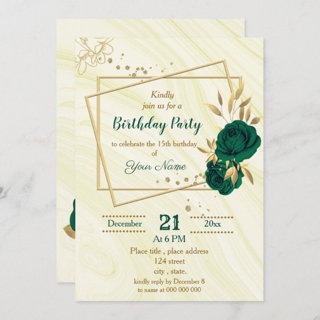 Invitation fête d'anniversaire aux fleurs d'or vert émeraude (Devant / Derrière)