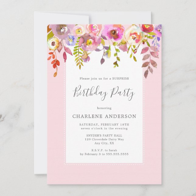 Invitation Fête d'anniversaire aux fleurs roses (Devant)