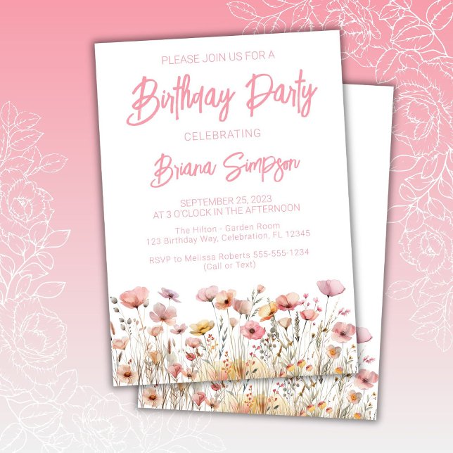 Invitation Fête d'anniversaire aux fleurs roses (Créateur téléchargé)