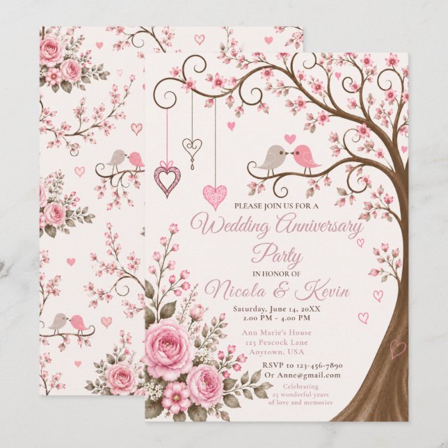 Invitation Fête d'anniversaire aux fleurs roses rosées (Devant / Derrière)