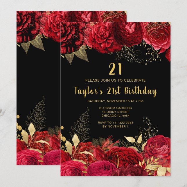 Invitation Fête d'anniversaire aux fleurs rouges et dorées él (Devant / Derrière)