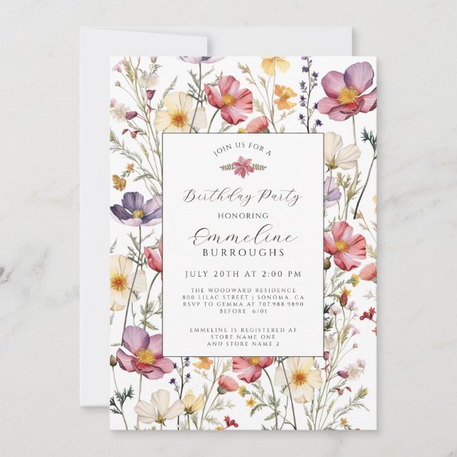 Invitation Fête d'anniversaire aux fleurs sauvages botaniques (Devant)