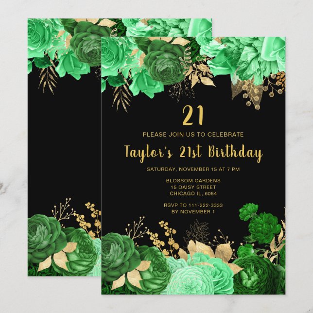 Invitation Fête d'anniversaire aux fleurs vertes et or élégan (Devant / Derrière)