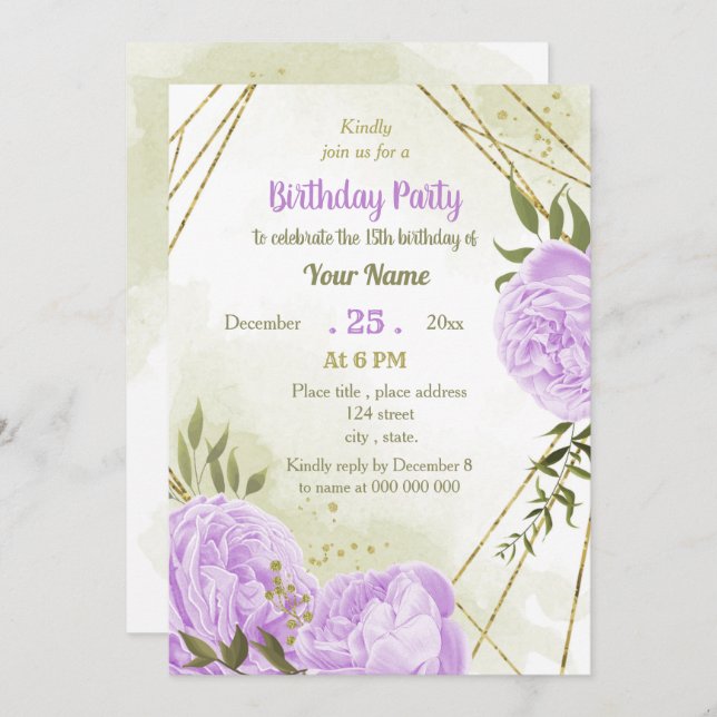 Invitation fête d'anniversaire aux fleurs violettes (Devant / Derrière)