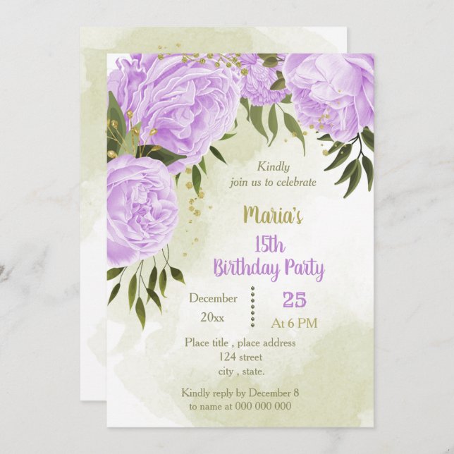 Invitation fête d'anniversaire aux fleurs violettes (Devant / Derrière)