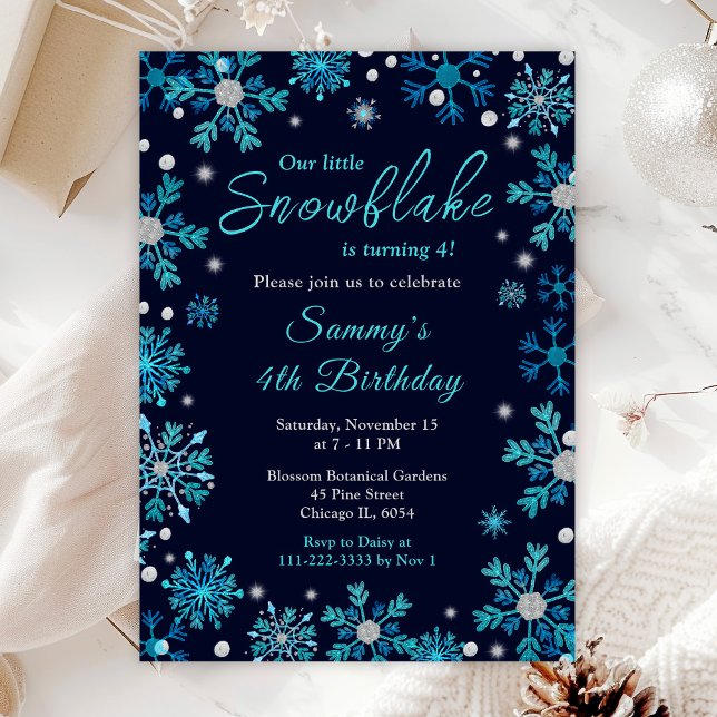 Invitation Fête d'anniversaire aux flocons de neige bleus et  (Créateur téléchargé)