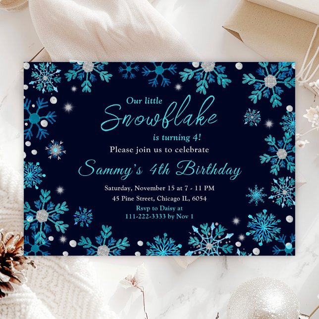Invitation Fête d'anniversaire aux flocons de neige bleus et  (Créateur téléchargé)