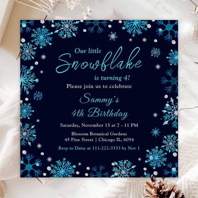 Invitation Fête d'anniversaire aux flocons de neige bleus et  (Créateur téléchargé)