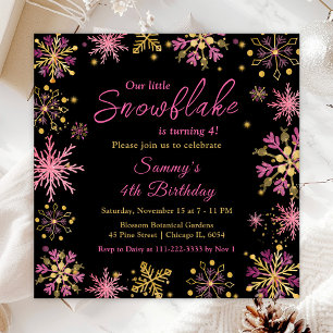 Invitation Fête d'anniversaire aux flocons de neige dorés et 