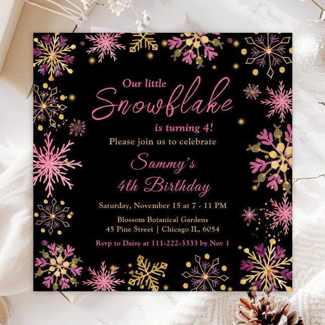 Invitation Fête d'anniversaire aux flocons de neige dorés et  (Créateur téléchargé)