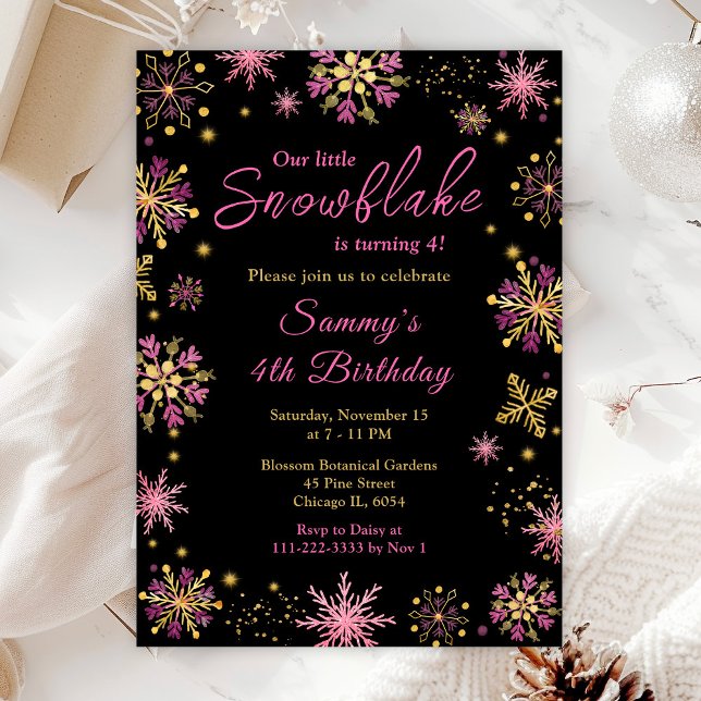 Invitation Fête d'anniversaire aux flocons de neige dorés et  (Créateur téléchargé)