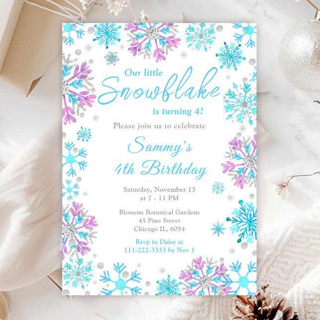 Invitation Fête d'anniversaire aux flocons de neige violets e (Créateur téléchargé)