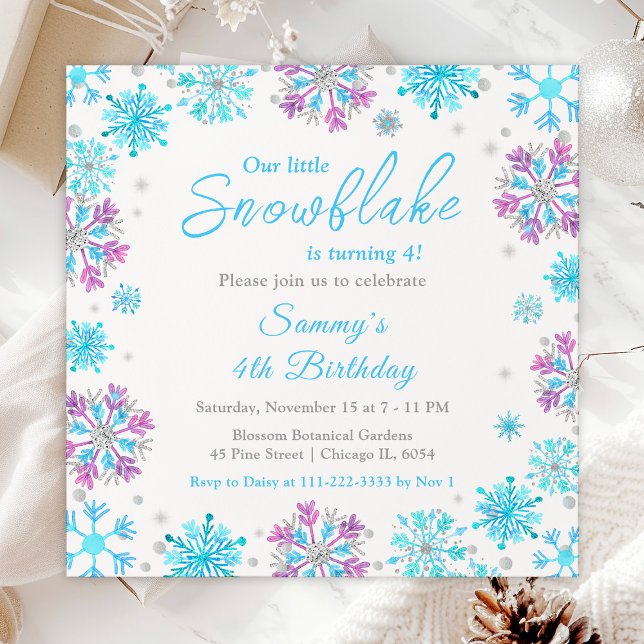 Invitation Fête d'anniversaire aux flocons de neige violets e (Créateur téléchargé)