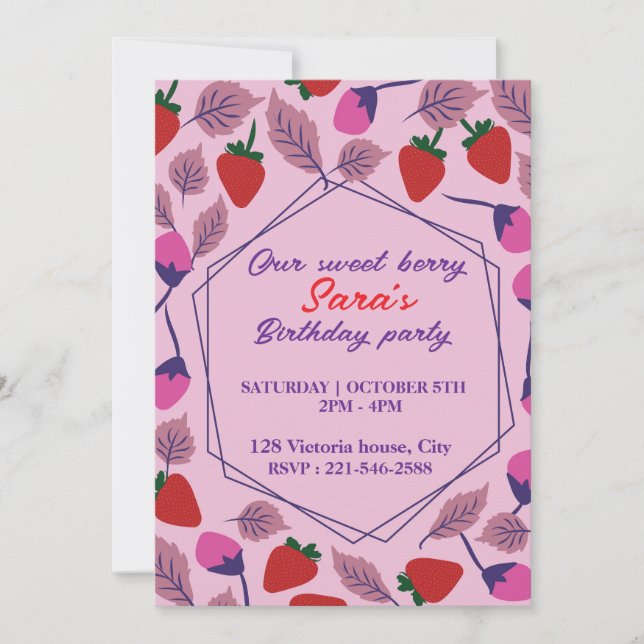 Invitation Fête d'anniversaire aux fraises (Devant)