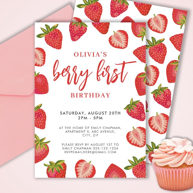 Invitation Fête d'anniversaire aux fraises Berry First pour f (Cute girls Berry First strawberry birthday party invitation.  Customize with your own event details.)