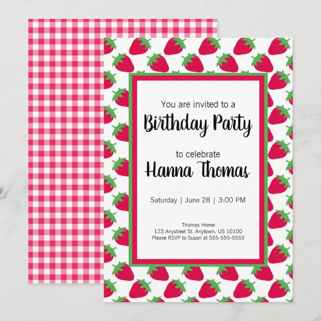 Invitation Fête d'anniversaire aux fraises sur le thème des b (Devant / Derrière)