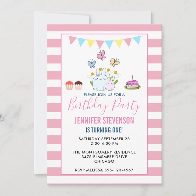 Invitation Fête d'anniversaire aux lapins, papillons et margu (Devant)