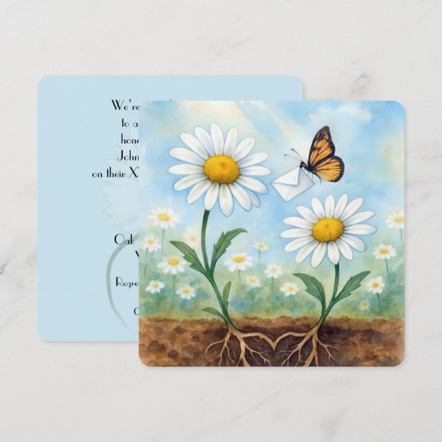 Invitation Fête d'anniversaire aux marguerites et papillon (Devant / Derrière)