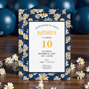Invitation Fête d'anniversaire aux marguerites sur denim bleu