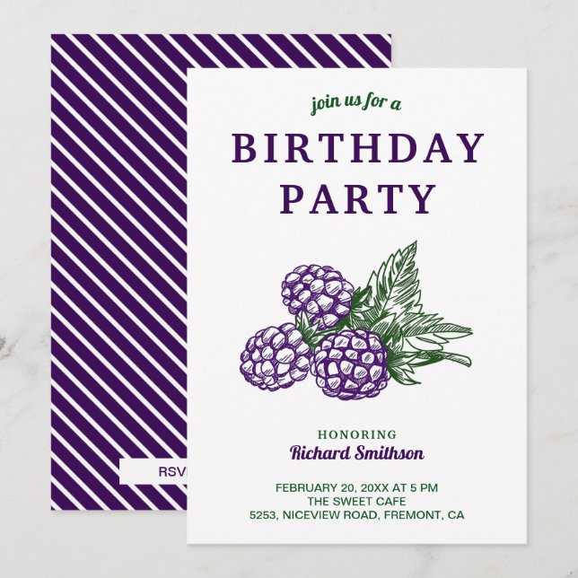 Invitation Fête d'anniversaire aux mûres sucrées élégantes (Devant / Derrière)