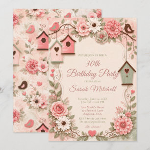 Invitation Fête d'anniversaire aux oiseaux floraux roses