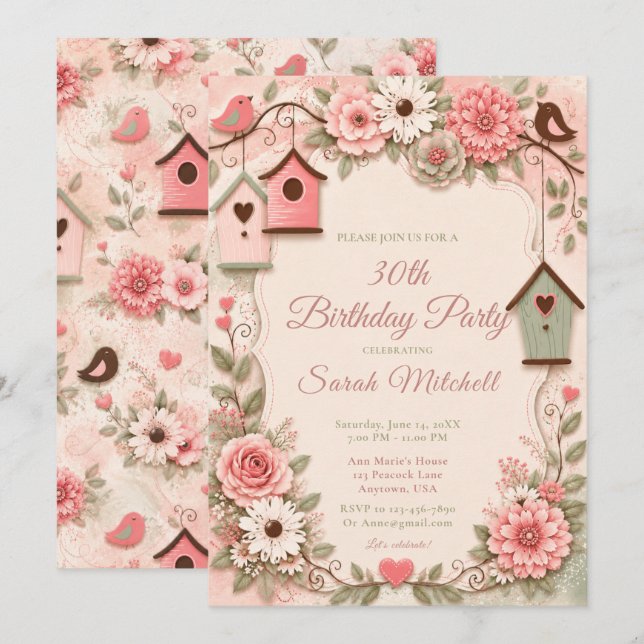 Invitation Fête d'anniversaire aux oiseaux floraux roses (Devant / Derrière)