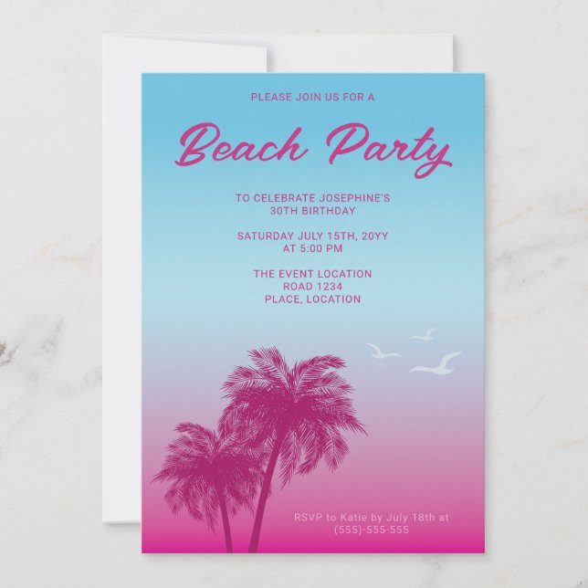 Invitation Fête d'anniversaire aux palmiers de plage rose tro (Devant)