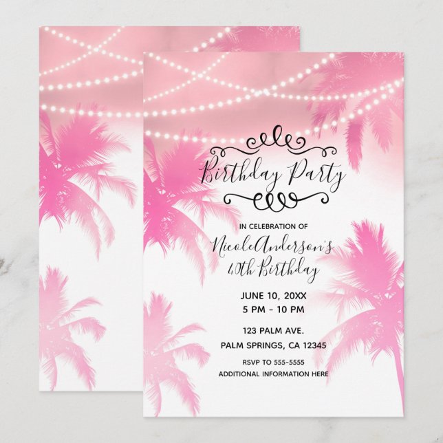 Invitation Fête d'anniversaire aux palmiers roses tropicaux e (Devant / Derrière)