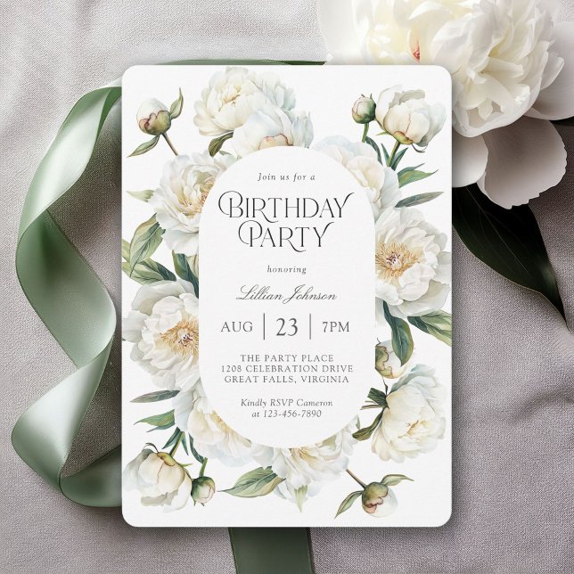 Invitation Fête d'anniversaire aux pivoines blanches aquarell (Available in both printed and instant download digital formats.)