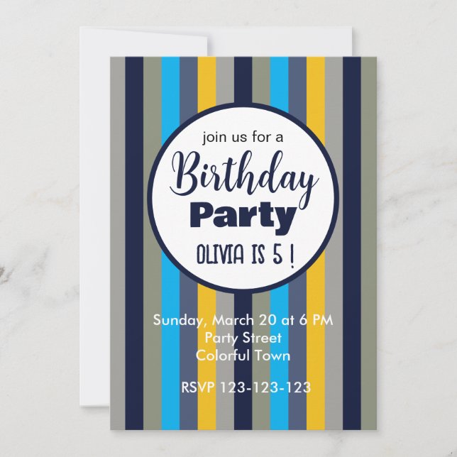 Invitation Fête d'anniversaire aux rayures colorées (Devant)