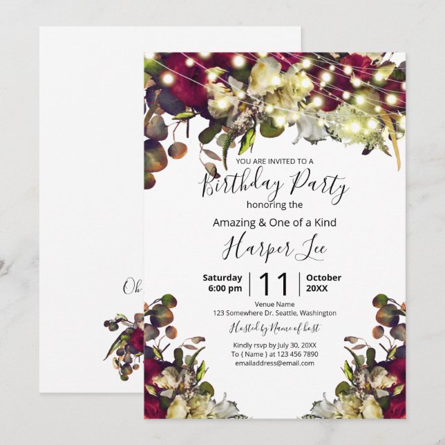 Invitation Fête d'anniversaire aux roses aquarelles Marsala e (Devant / Derrière)