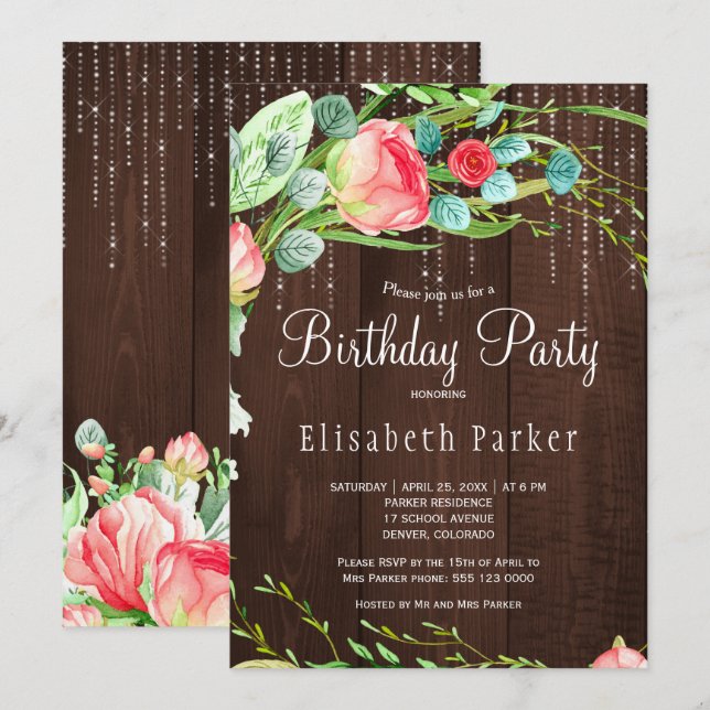 Invitation Fête d'anniversaire aux roses de jardin rose rusti (Devant / Derrière)
