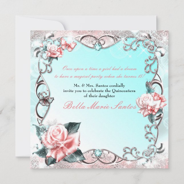 Invitation Fête d'anniversaire aux Roses et Papillons de Pêch (Devant)