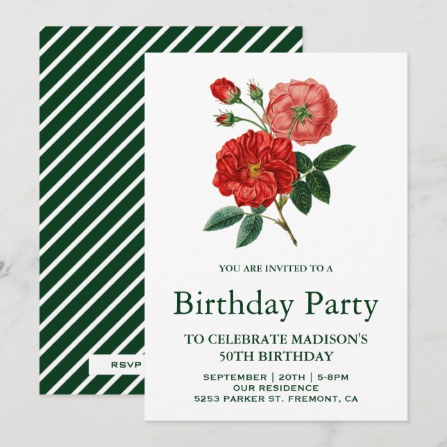 Invitation Fête d'anniversaire aux roses rouges romantiques v (Devant / Derrière)