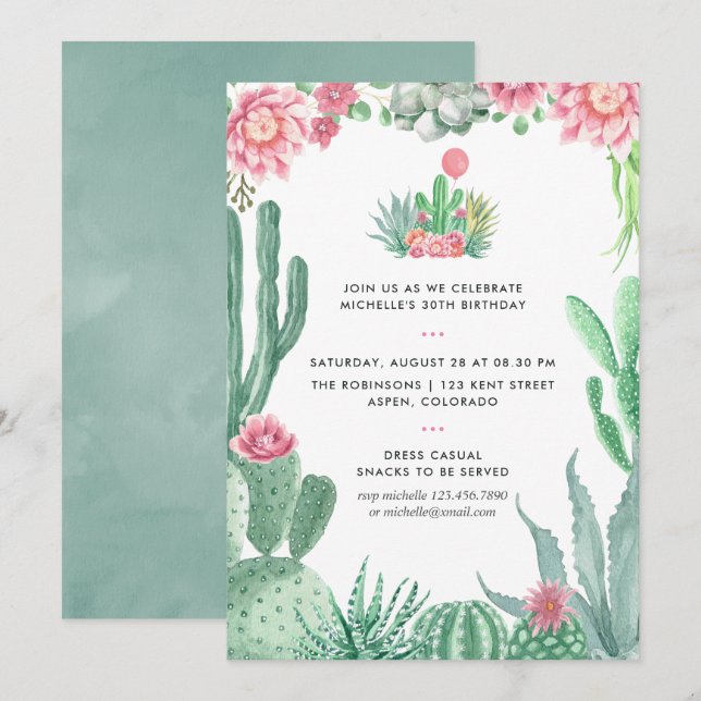 Invitation Fête d'anniversaire aux succulentes aquarelles (Devant / Derrière)