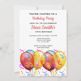 Invitation Fête d'anniversaire avec ballons fille 10 