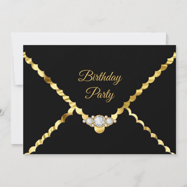 Invitation Fête d'anniversaire avec bijou élégant or diamant  (Devant)