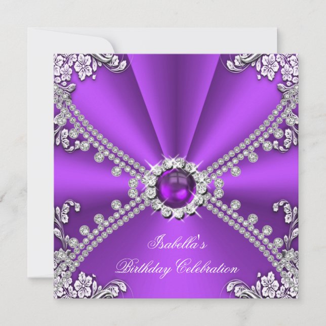 Invitation Fête d'anniversaire avec bijou faux diamant argent (Devant)