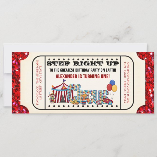 Invitation Fête d'anniversaire avec billet de cirque (Devant)