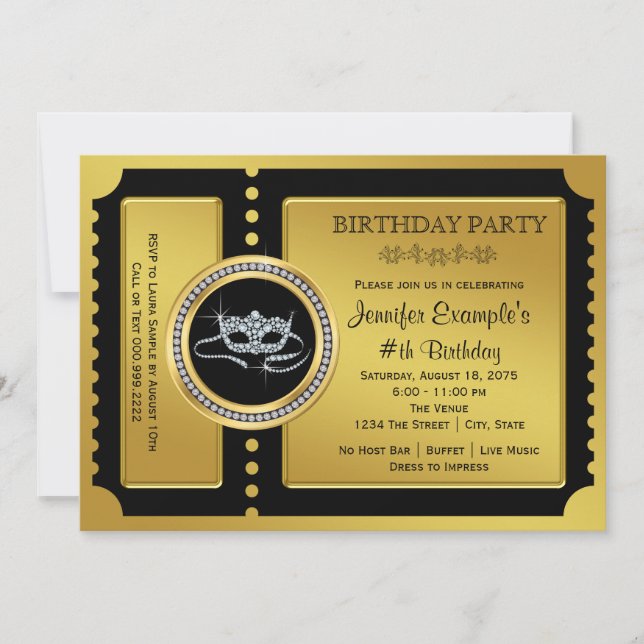 Invitation Fête d'anniversaire avec billet d'or pour soirée m (Devant)