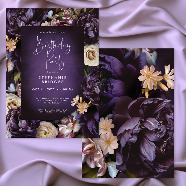 Invitation Fête d'anniversaire avec cadre floral violet éléga (Elegant Purple Floral Frame Birthday Party Invitation)
