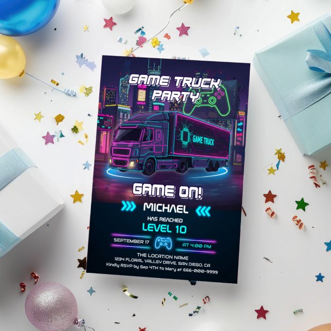 Invitation Fête d'anniversaire avec camion de jeux vidéo pour (Game Truck Birthday Party Invitation)