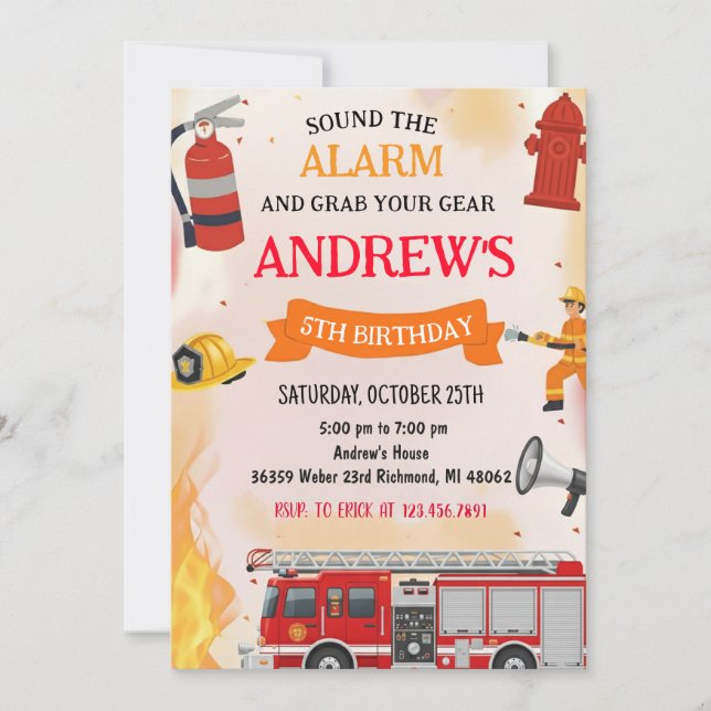 Invitation Fête d'anniversaire avec camion de pompiers pour g (Devant)