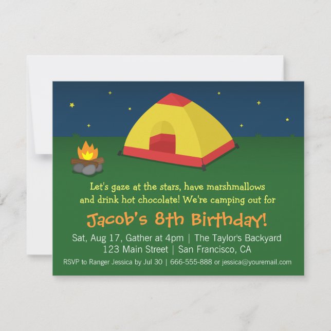 Invitation Fête d'anniversaire avec camping dans le jardin (Devant)