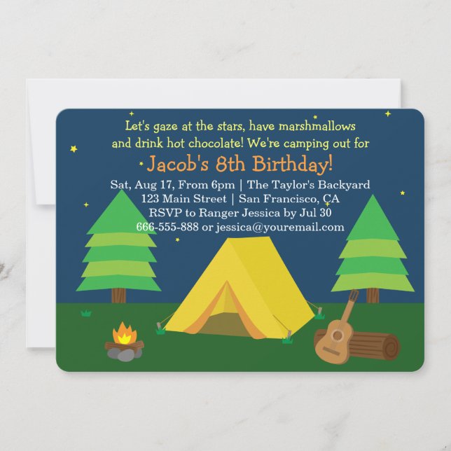 Invitation Fête d'anniversaire avec camping et soirée pyjama  (Devant)