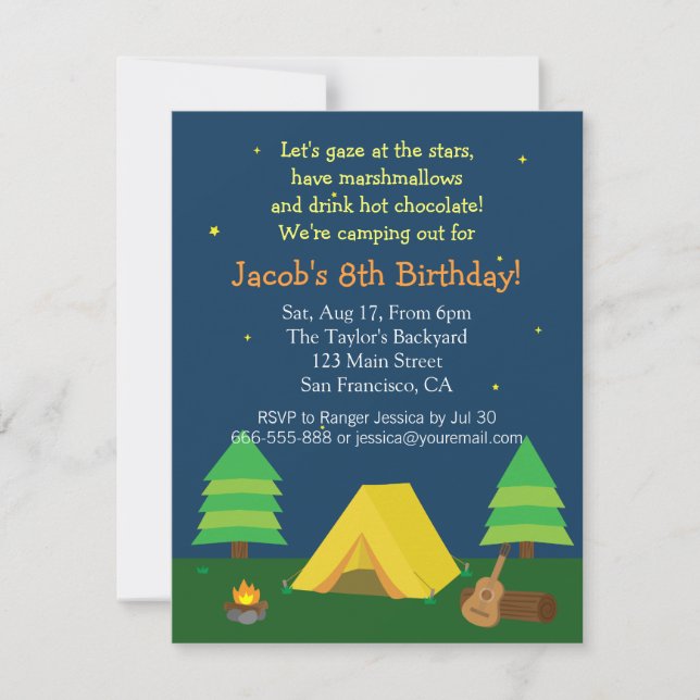 Invitation Fête d'anniversaire avec camping et soirée pyjama  (Devant)