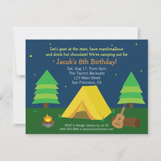 Invitation Fête d'anniversaire avec camping et soirée pyjama  (Devant)