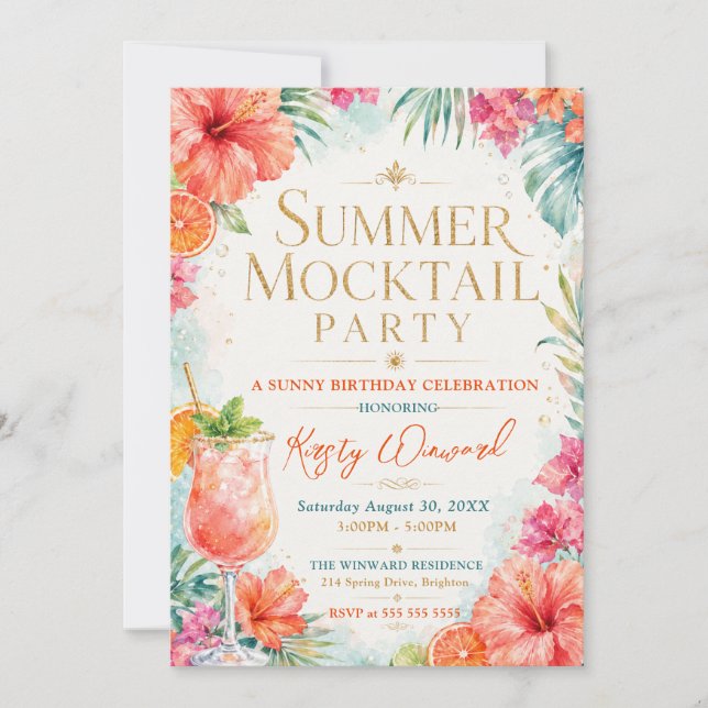 Invitation Fête d'anniversaire avec cocktail sans alcool d'ét (Devant)