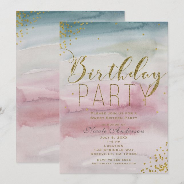 Invitation Fête d'anniversaire avec confettis dorés à l'aquar (Devant / Derrière)
