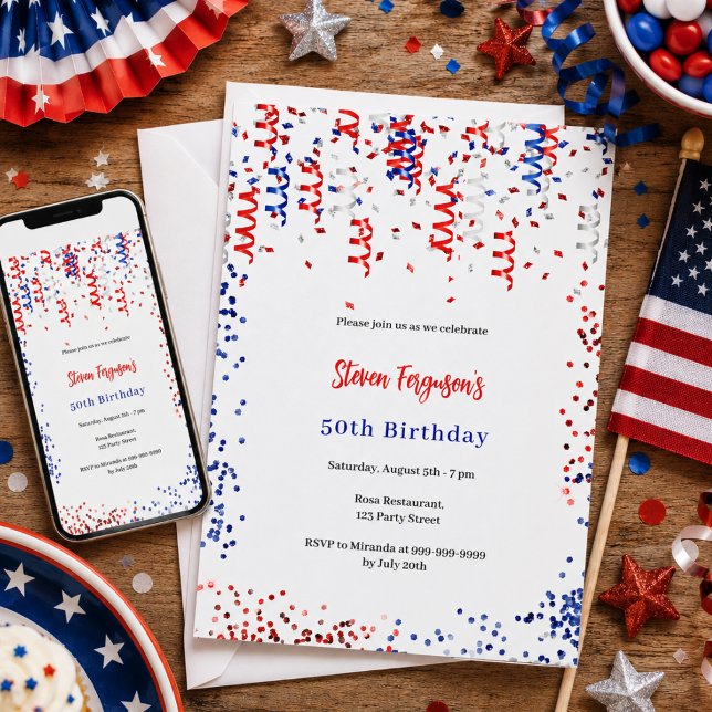 Invitation Fête d'anniversaire avec confettis rouge bleu blan (Créateur téléchargé)